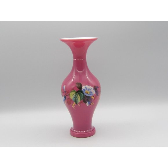 Vintage Hand Blown Cased Glass Vase Pink Hand Painted Enamel Flowers 8 3/4" H - Picture 1 of 9